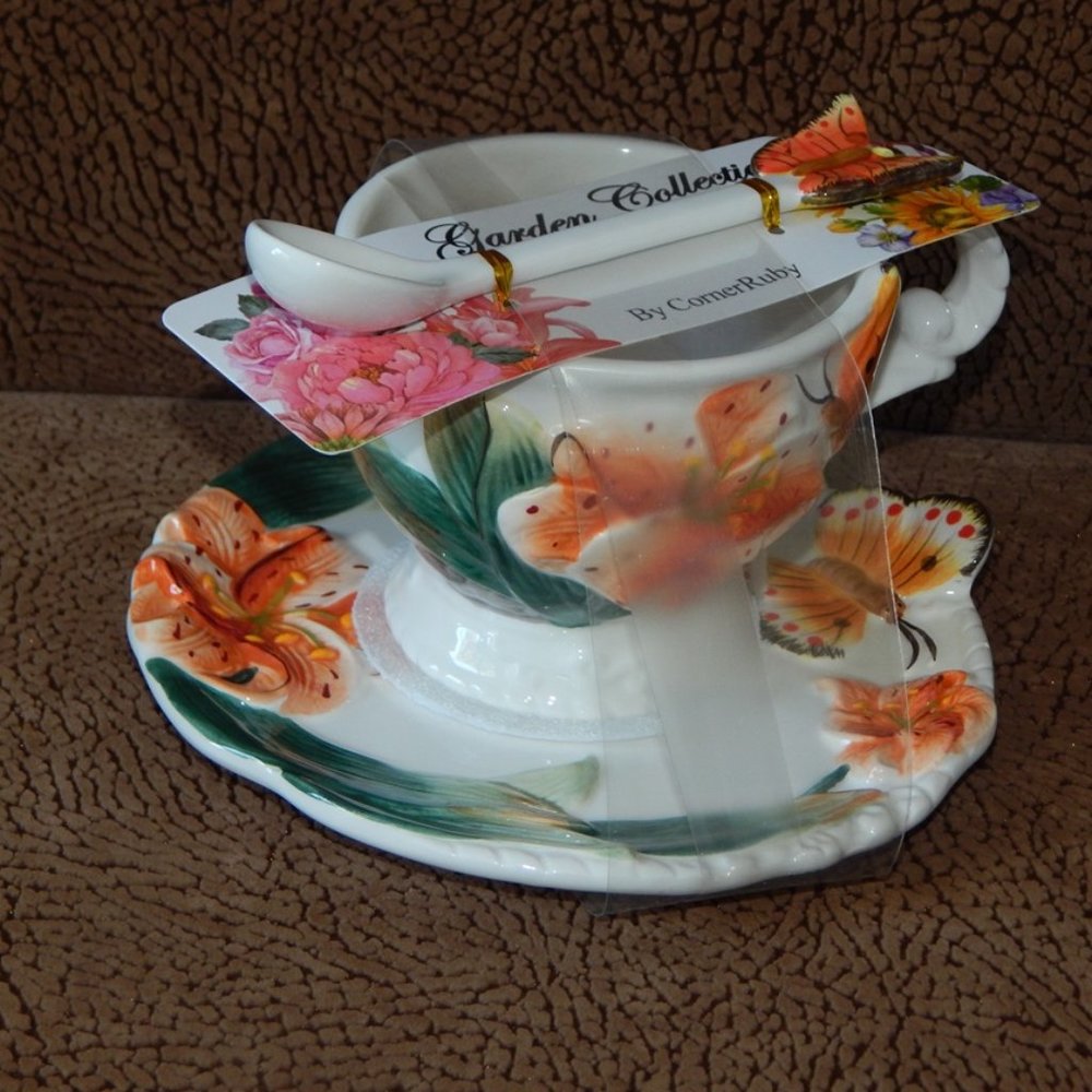 Corner Ruby White Tea Cup & Saucer w/ Orange Lily Flowers & Butterflies & Spoon
